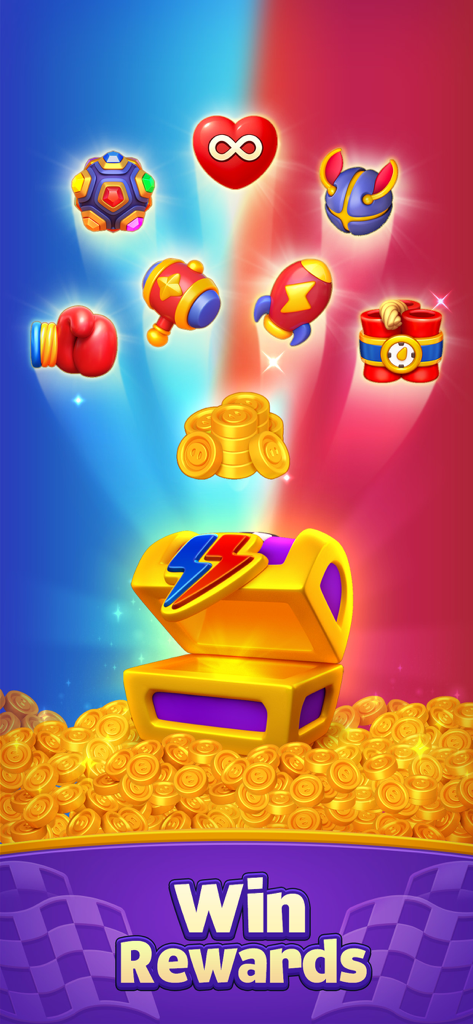 A golden chest overflowing with gold coins and game boosters including rockets and hammers for Piggy Kingdom