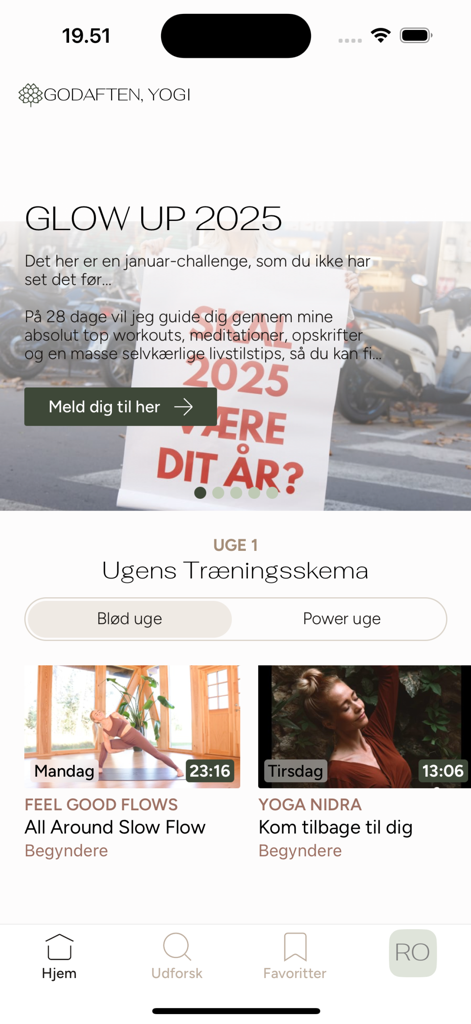 Ro Movement app home screen showing the weekly training schedule and Glow Up 2025 challenge