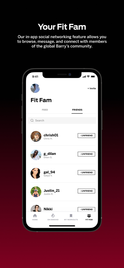 Mobile screen showing the Fit Fam social community feature in the Barrys X app with a list of friends and profile photos.