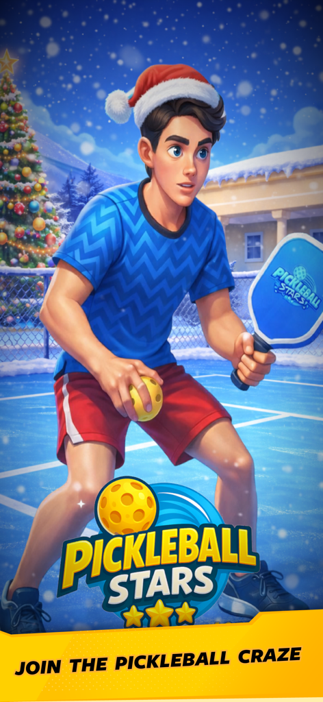 Pickleball Stars - 산타 모자를 쓴 선수가 피클볼 스타즈 게임의 눈 덮인 코트에 서 있습니다.