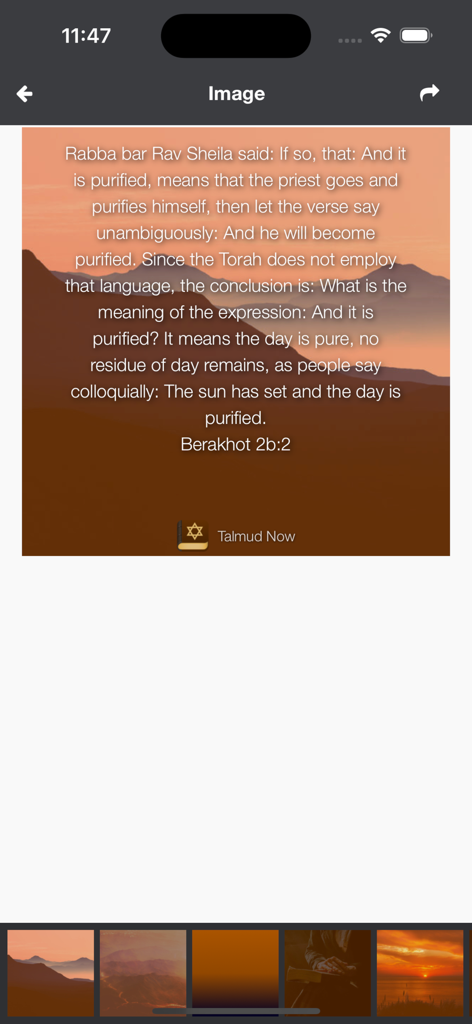 Talmud Now - Talmud Now App-Oberfläche zur Erstellung teilbarer Bilder mit Talmud-Versen vor malerischen Berglandschaften.