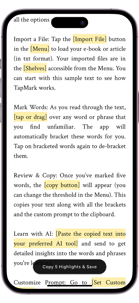 TapMark: One-Tap Word Marking - A smartphone screen displaying the TapMark app tutorial with text and highlighted words for language learning.