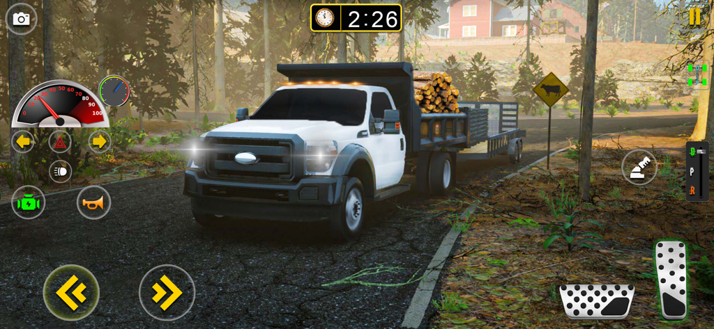 4x4 Offroad Car Simulator Game - A white pickup truck towing a trailer filled with logs on a forest road in an offroad driving simulator.