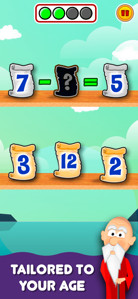 Math Land: Addition Games Kids - A subtraction puzzle in Math Land showing the problem seven minus unknown equals five with a wizard character and tailored difficulty message