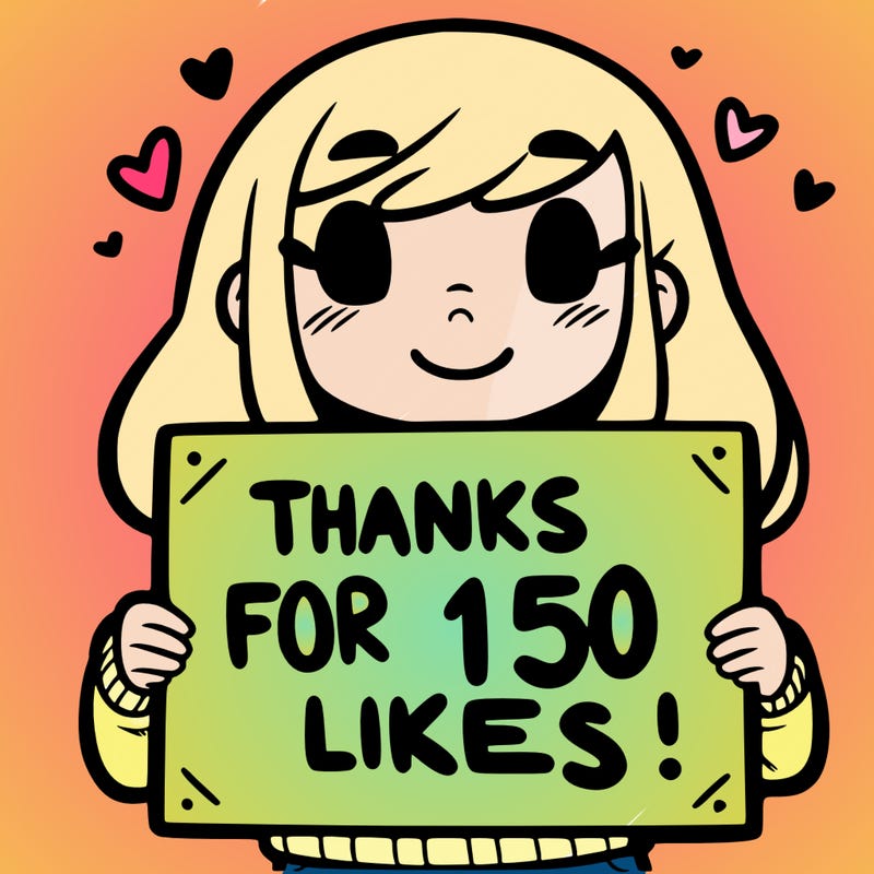 girl holding a sign that says "thanks for 150 likes! "