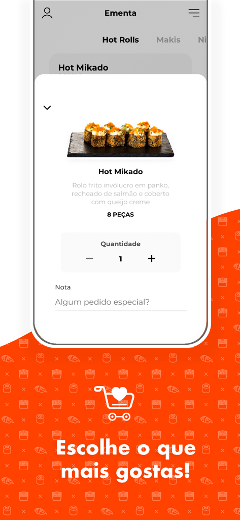 Mikado Sushi - 호트 미카도 롤의 제품 상세 페이지를 보여주는 미카도 스시 앱 인터페이스, 수량 및 특별 요청 옵션 포함