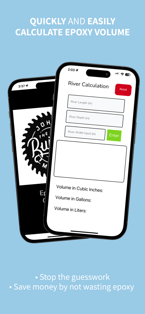 Screenshot of the Epoxy River Calculator app showing calculation inputs for resin pours