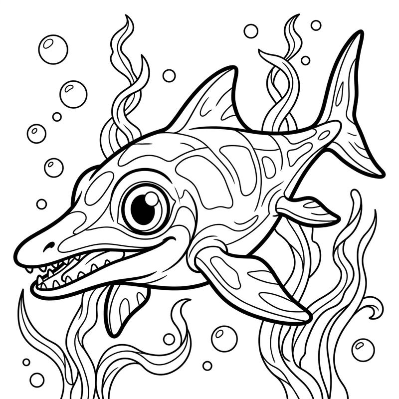 Meet our friendly Ophthalmosaurus, a fascinating Jurassic sea creature with big, curious eyes, ready for a colorful underwater adventure. This delightful coloring page, perfect for kids aged 4-8, offers balanced lines and fun details to spark creativity.
