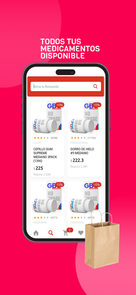 Medicar GBC pharmacy app interface showing available medical products and search results on a smartphone screen