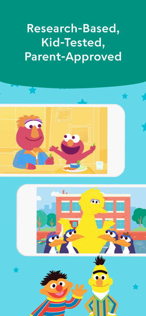 Learn with Sesame Street - Aplicación Aprende con Plaza Sésamo que presenta contenido basado en la investigación y personajes como Elmo y Epi Tristán