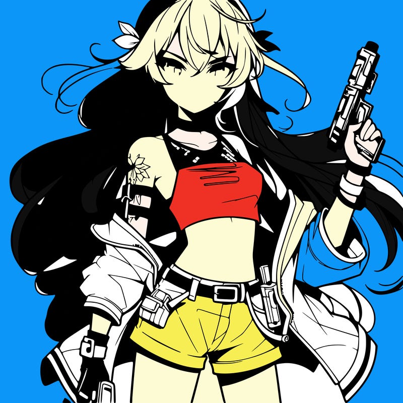 bad girl wearing crop top holding a gun long hair anime