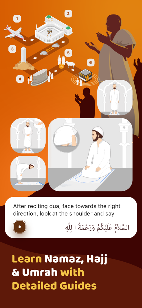Educational illustrations and step-by-step guides for learning Namaz, Hajj, and Umrah within the app.