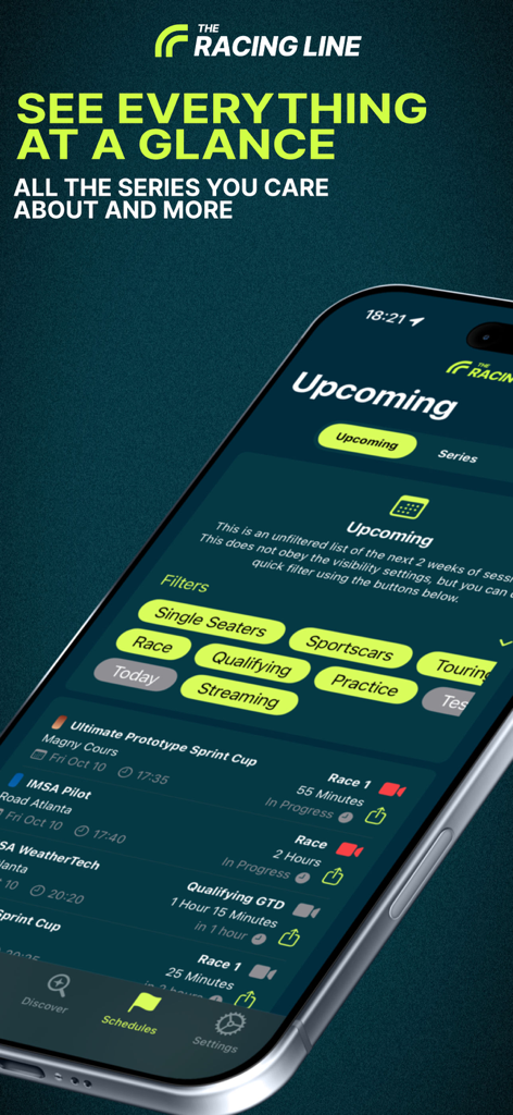 TheRacingLine: Racing Live TV - Interface of TheRacingLine app displaying a list of upcoming motorsport race schedules and category filters