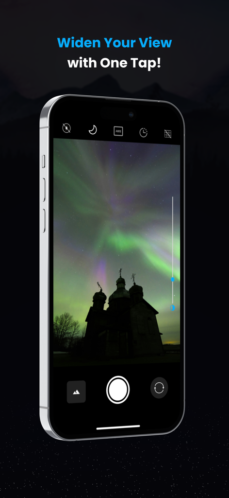 UltraZoom 200x - Super TeleCam - Iphone displaying a wide angle camera view capturing the aurora borealis over a silhouette church