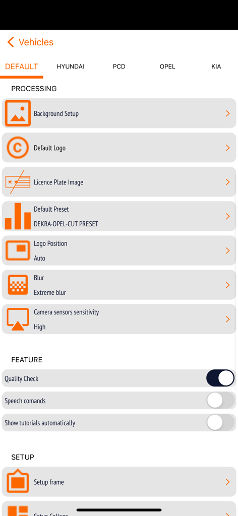 Carmera - Processing settings screen in the Carmera app for vehicle photography.