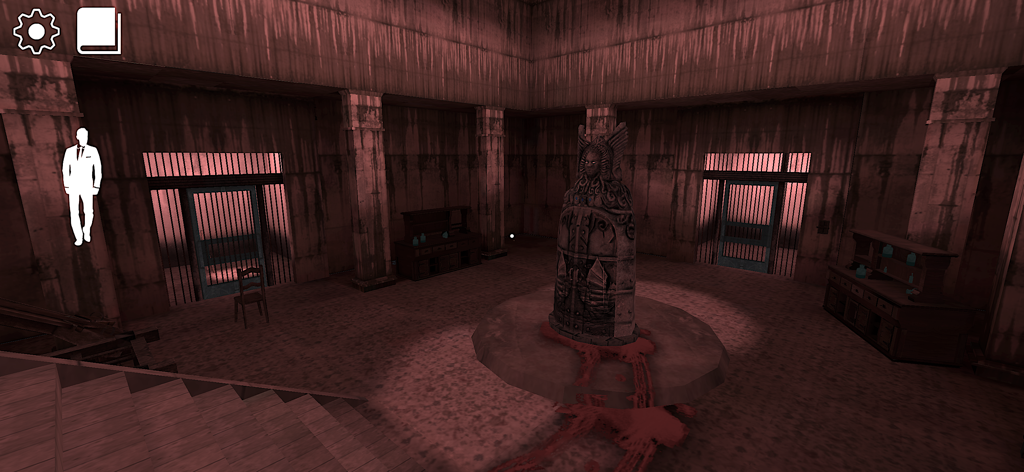 Erich Sann :epic horror games - Una sala de mazmorra con iluminación roja oscura, una estatua de piedra y charcos de sangre en el juego de terror Erich Sann.