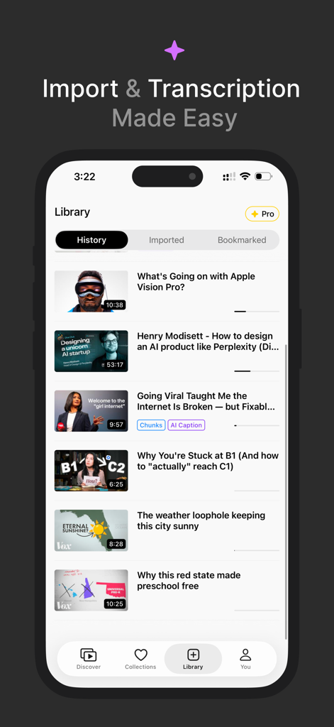 L'écran de la bibliothèque de l'application PlayLingo affichant un historique des vidéos YouTube importées pour l'apprentissage de l'anglais.