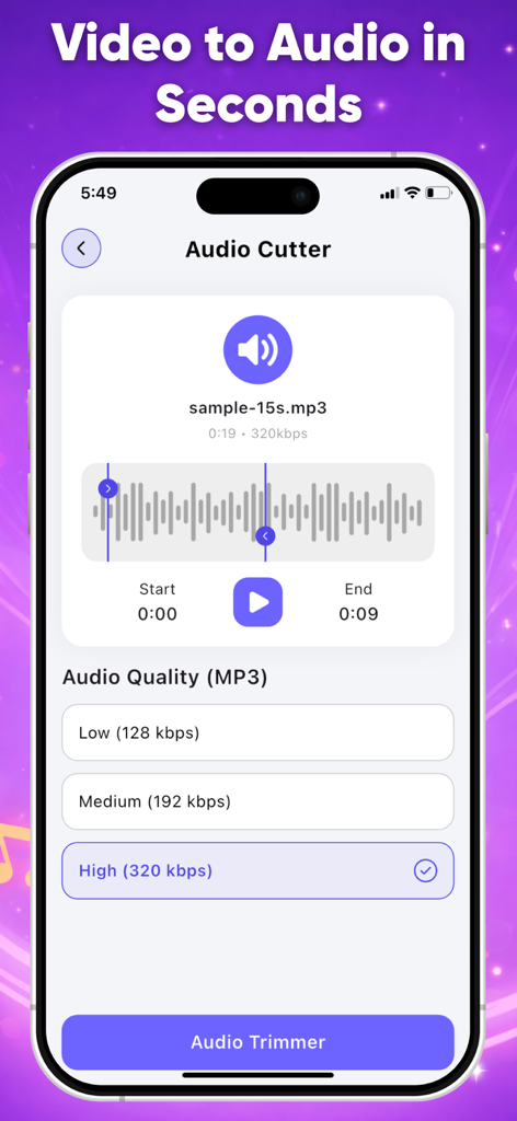 Interfaz del cortador de audio con ajustes de bitrate en la aplicación Convertidor de Vídeo a MP3.