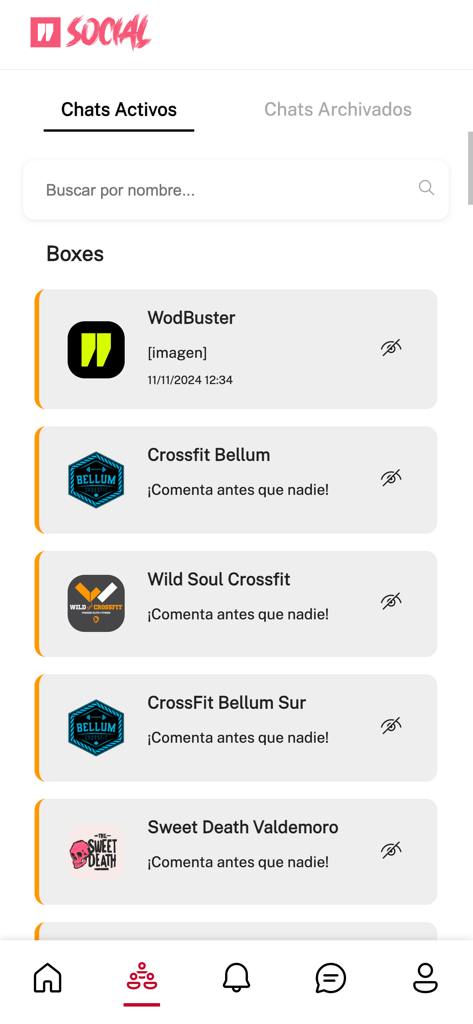 WodBuster Social - Interface do aplicativo WodBuster Social mostrando chats ativos e uma lista de boxes de fitness funcional.