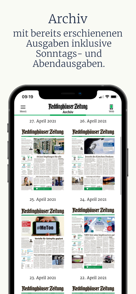 Recklinghäuser Zeitung - Der Archivbildschirm der Recklinghäuser Zeitung App, der frühere ZeitungsAusgaben anzeigt.