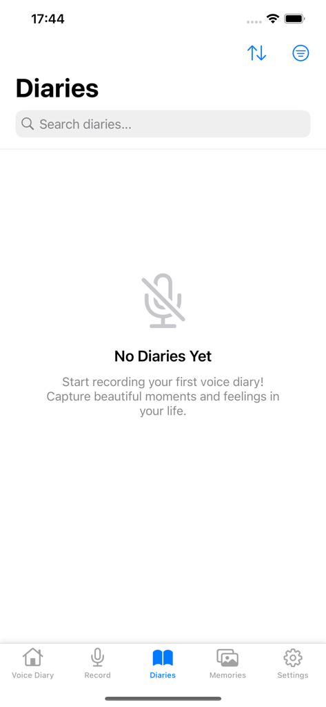 VionEcho - Empty diaries screen in the VionEcho voice recording app