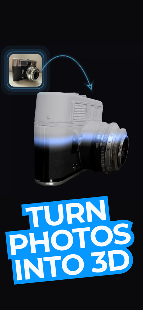 A 2D photo of a camera being converted into a 3D model with text saying Turn Photos into 3D