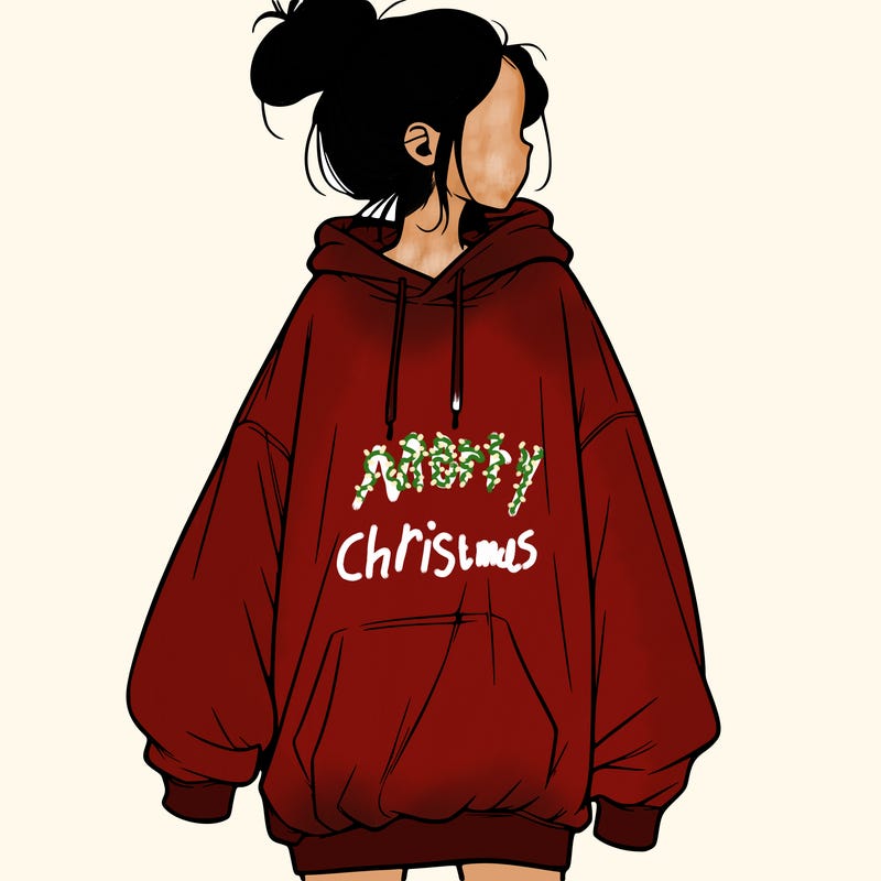 realistic girl with a oversized sweatshirt on and a bun