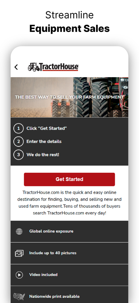 TractorHouse: Farm Equipment - Screen showing features and steps to sell farm equipment on the TractorHouse app