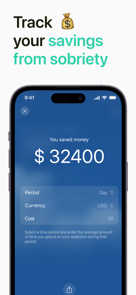 Oberfläche der Clean Day App, die finanzielle Ersparnisse aus der Nüchternheitsverfolgung zeigt