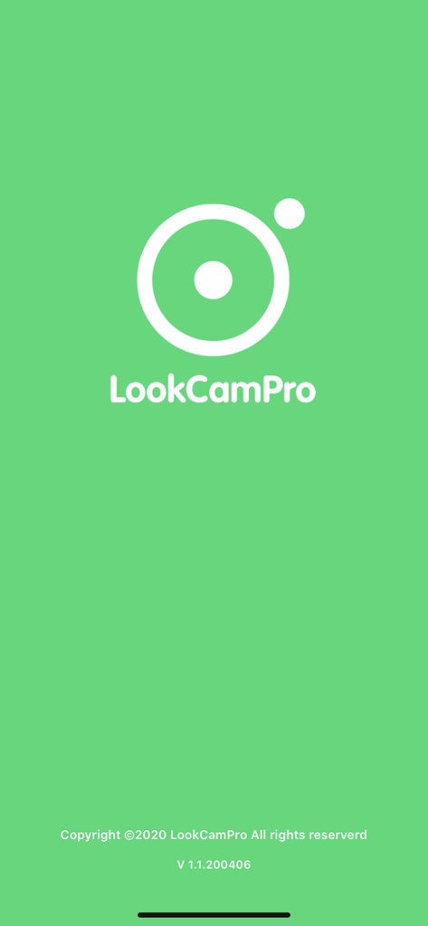 LookCamPro app splash screen with white camera logo on green background