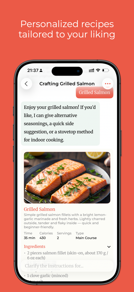 CookCraft: Cookbook + AI Magic - iPhone screen showing the CookCraft app with a personalized grilled salmon recipe and AI assistant suggestions.