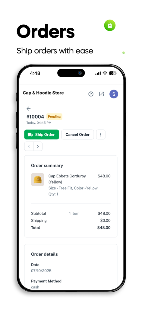 Store.link - Pantalla de la aplicación Store.link que muestra un resumen del pedido con opciones de envío y cancelación para una tienda de comercio electrónico
