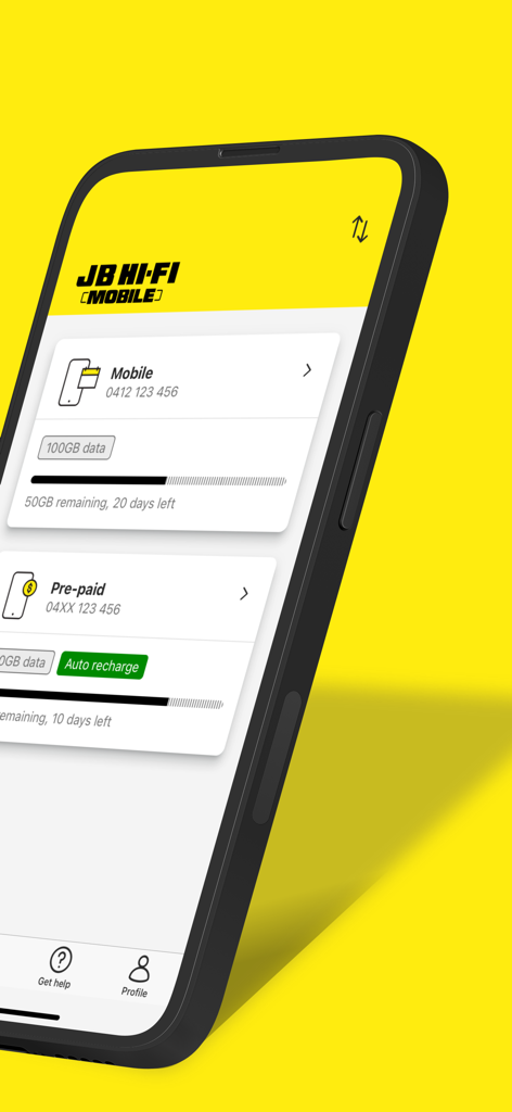 JB Hi-Fi Mobile - Smartphone displaying the JB Hi-Fi Mobile app dashboard with data usage tracking and account management features