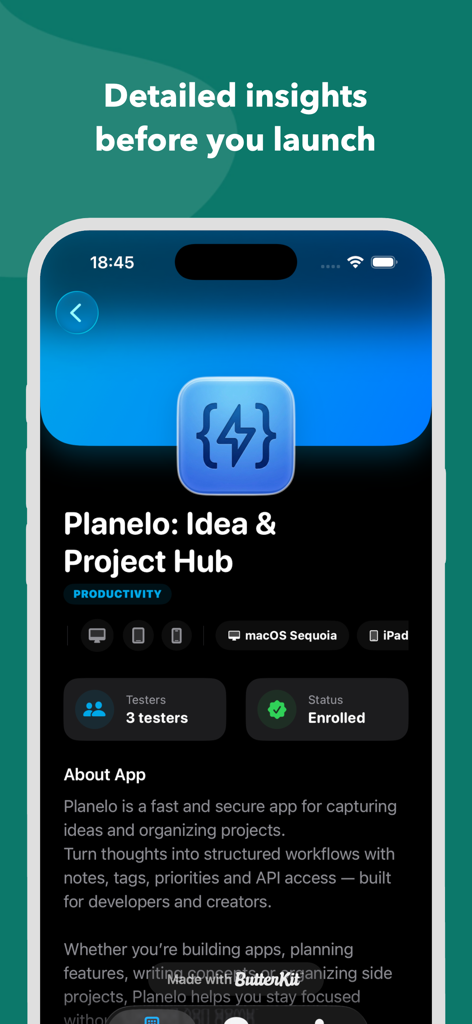 TesterBuddy: Beta Test & Chat - TesterBuddy app interface showing detailed insights and tester enrollment status for a beta project