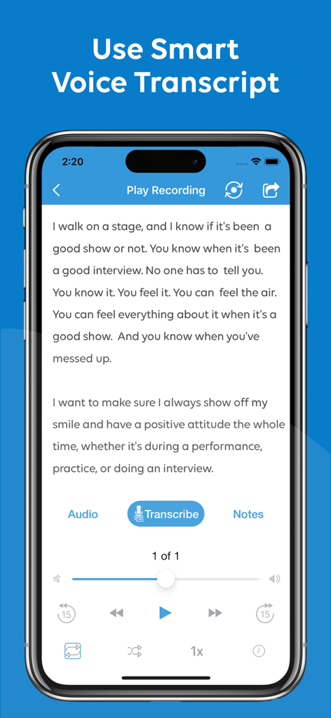 Mobile app screen showing voice to text transcription and audio playback controls