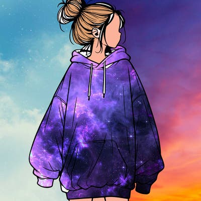 realistic girl with a oversized sweatshirt on and a bun