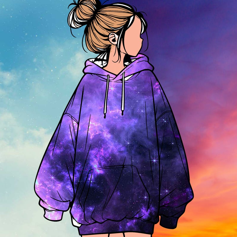 realistic girl with a oversized sweatshirt on and a bun