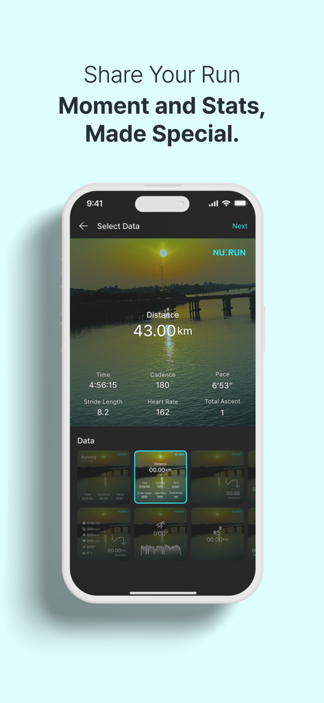 NU:RUN - Smartphone display showing the NU RUN app feature for sharing running statistics overlaid on a sunset photo
