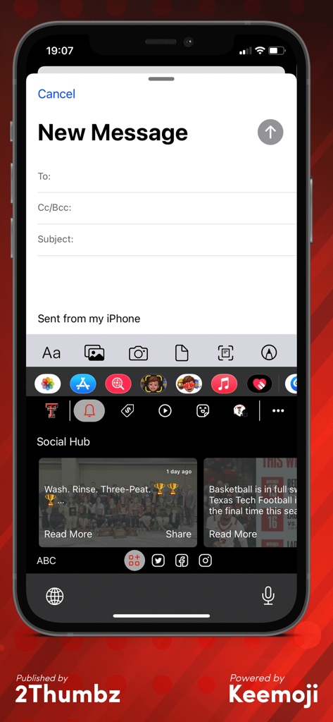 Texas Tech Official Keyboard - Texas Tech Official Keyboard social hub feature showing university sports news and social media links on an iPhone screen