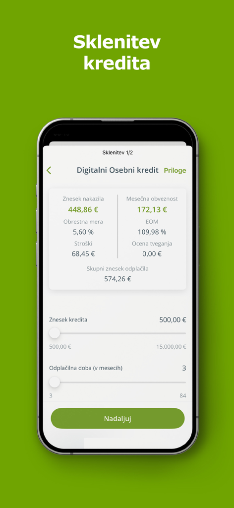 DH Mobilni - Interfaccia di richiesta di prestito personale digitale sull'app di mobile banking DH Mobilni.