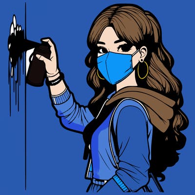 realistic girl with mask spray painting a wall