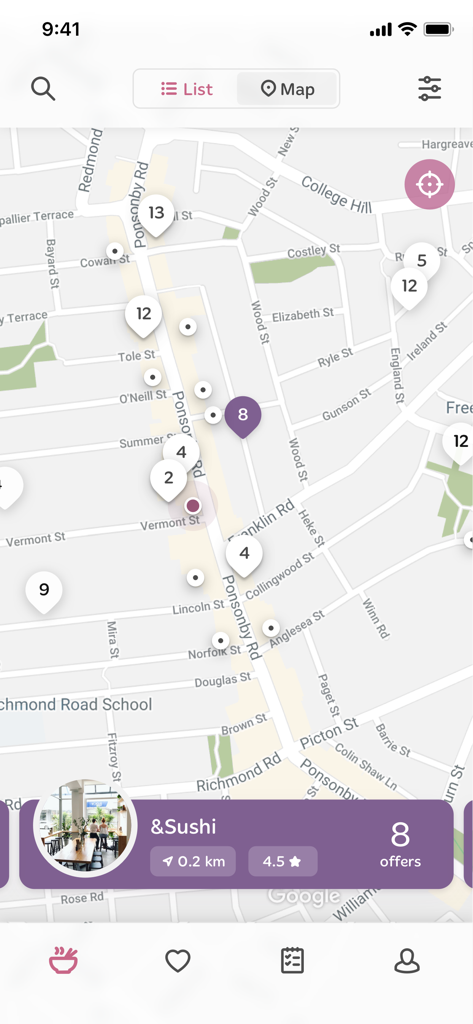 Foodprint - Mapa interactivo de la aplicación Foodprint que muestra establecimientos cercanos y descuentos de comida disponibles.