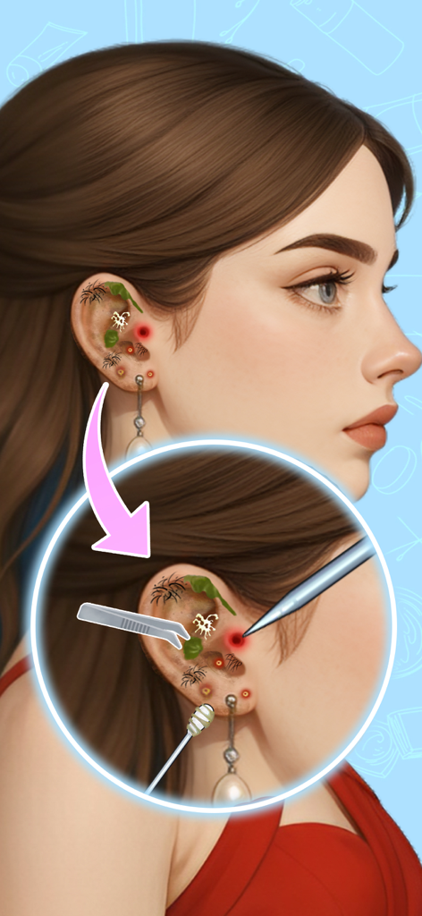 ASMR de limpeza de ouvido e simulação de tratamento de cuidados com a pele com um personagem digital e ferramentas de higiene