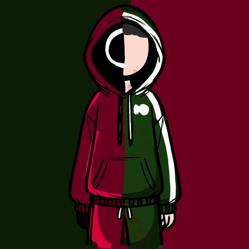 faceless girl in a tracksuit with a hood on and no hair