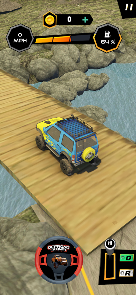 4x4 Runner Off-road Simulator - Un jeep todoterreno azul y amarillo cruzando un puente de madera en el juego simulador 4x4 Runner.