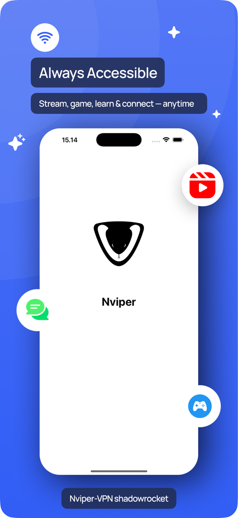 VPN - Nviper小火箭加速器vpn - Nviper VPN app interface on an iPhone with text highlighting its use for streaming, gaming, and connecting.