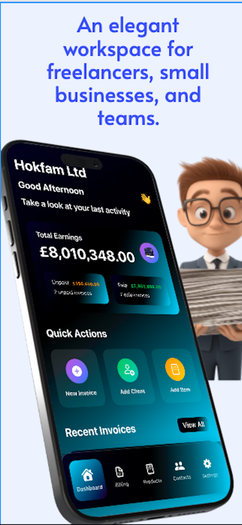 Daily Invoice Generator dashboard on iPhone displaying total earnings, quick actions for new invoices, and recent activity.