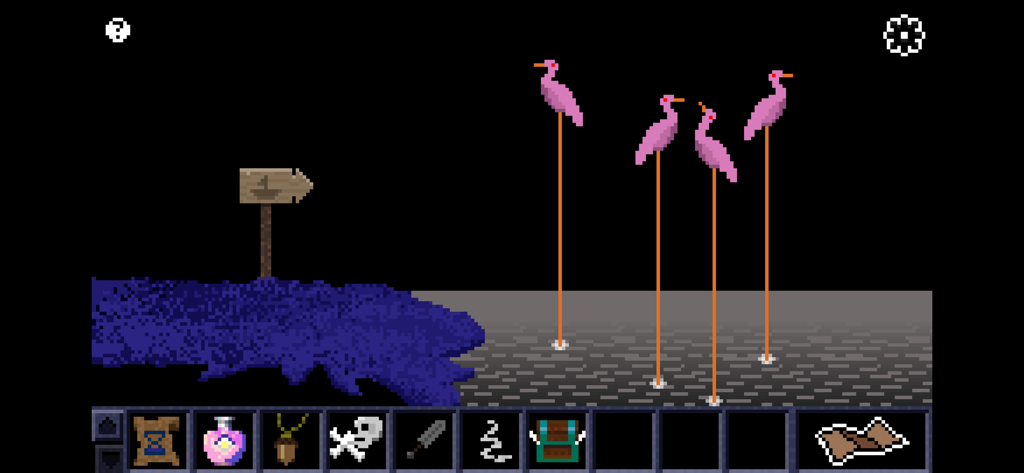 Escape Lala 2 - Escena de puzzle de pixel art retro en Escape Lala 2 con flamencos rosados ​​parados en el agua