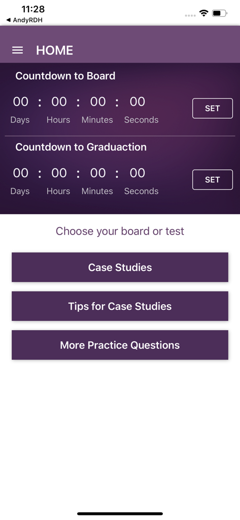 DentalHygieneAcademy CaseStudy - Pantalla de inicio de la aplicación DentalHygieneAcademy con temporizadores de cuenta regresiva para los exámenes de junta y la graduación, junto con opciones de estudio de casos.