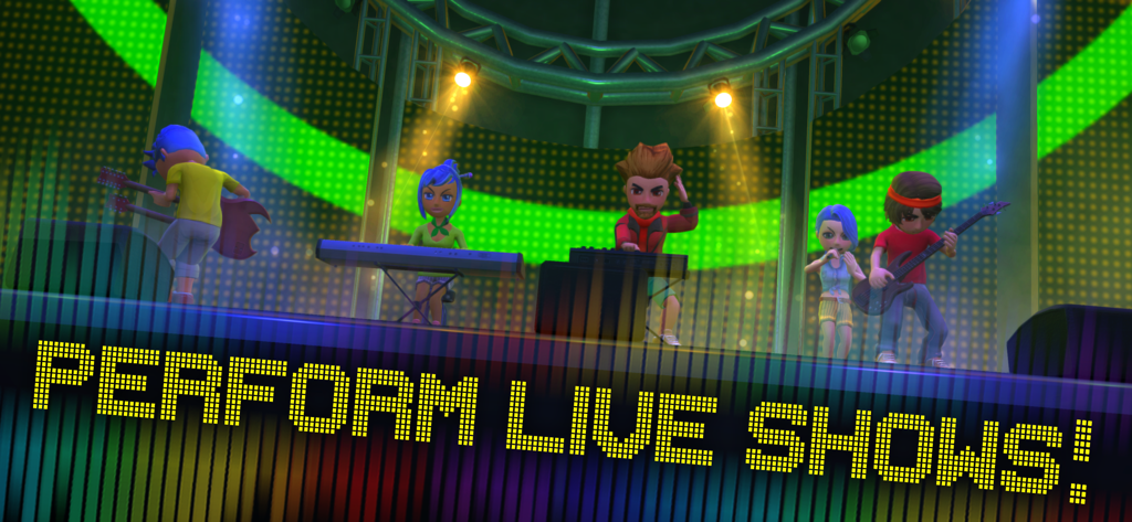 Una banda de personajes actuando en un concierto en vivo en un escenario en Youtubers Life Music